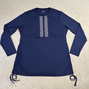 Lands End Long Sleeve XL/L 18 Blue Rashguard Swimsuit Top Ruched Side Embroidery